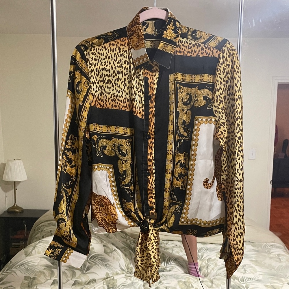 Tie front Black and Gold Patterned Top